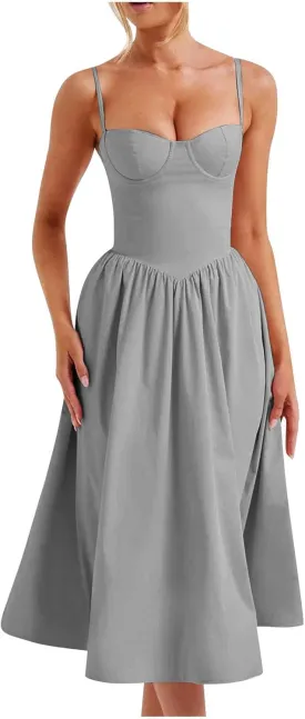 Women's Vintage Corset Dress Spaghetti Strap A-Line Midi Dress Elegant Cocktail Party Evening Dresses