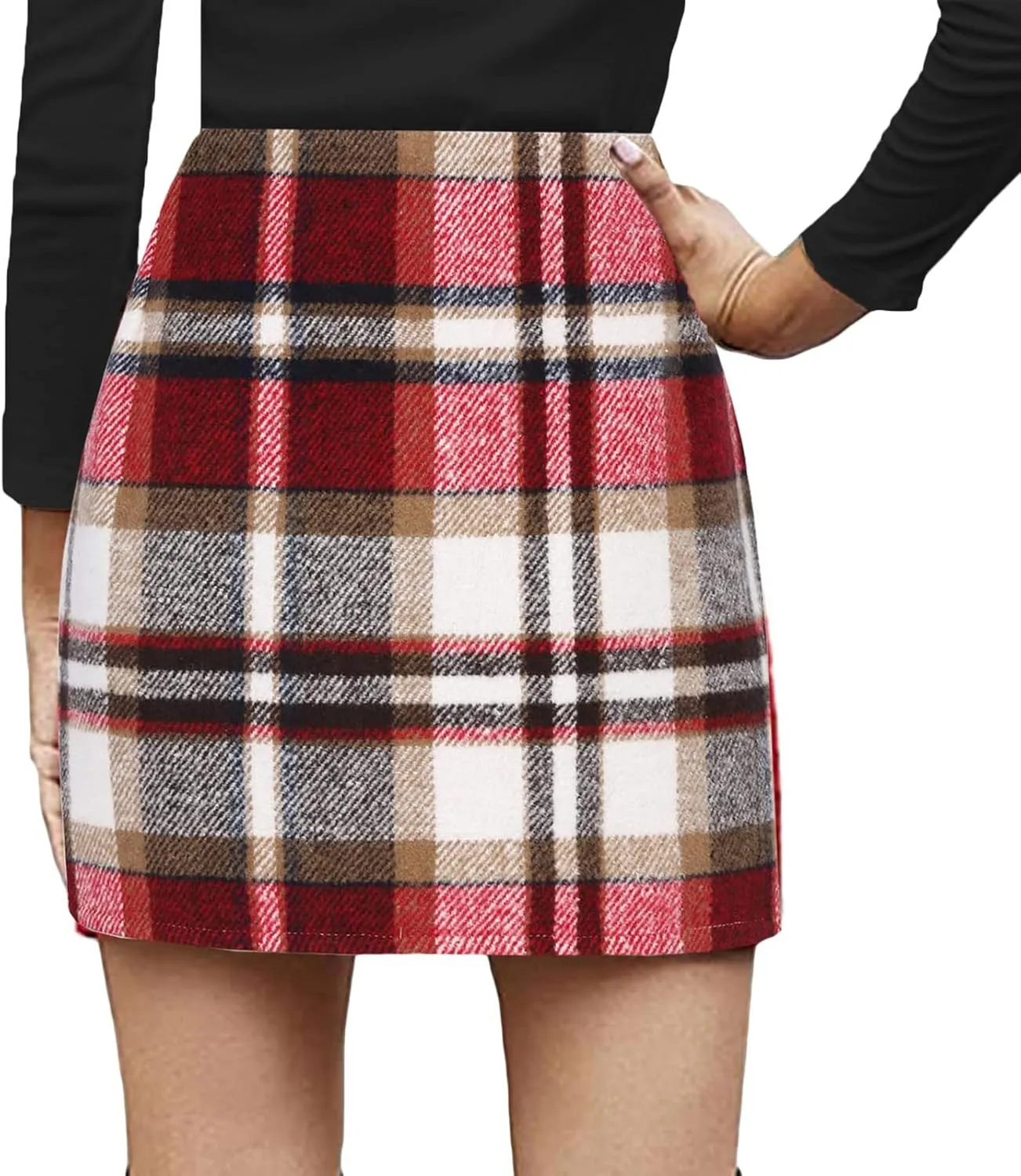 Womens Wool Plaid Skirt High Waist Bodycon Pencil Skirt Fall Flannel Woolen Tartan A-line Skirts