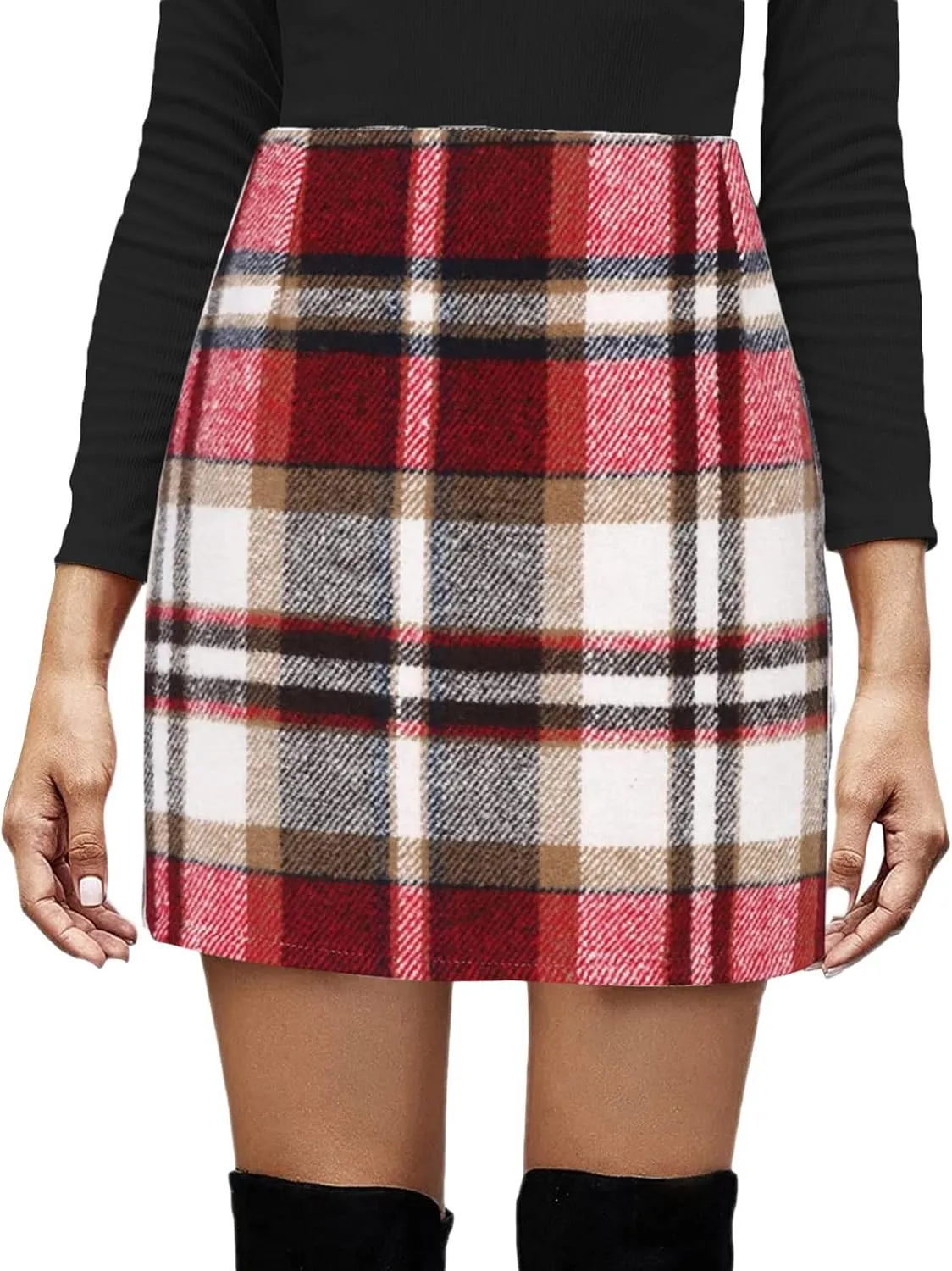 Womens Wool Plaid Skirt High Waist Bodycon Pencil Skirt Fall Flannel Woolen Tartan A-line Skirts