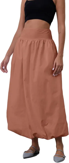 Y2K Bubble Maxi Skirts for Women A Line Long Pleated Casual Summer Skirts 2024 Elastic Waist Balloon Midi Skirt