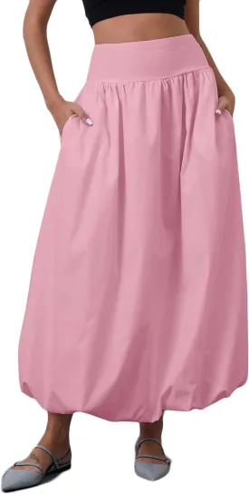 Y2K Bubble Maxi Skirts for Women A Line Long Pleated Casual Summer Skirts 2024 Elastic Waist Balloon Midi Skirt