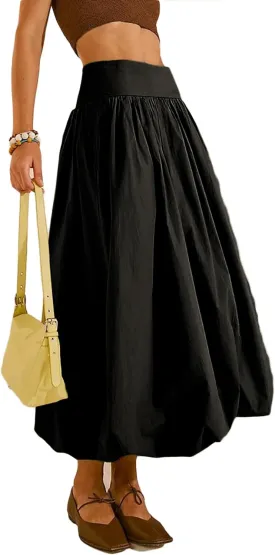 Y2K Bubble Maxi Skirts for Women A Line Long Pleated Casual Summer Skirts 2024 Elastic Waist Balloon Midi Skirt