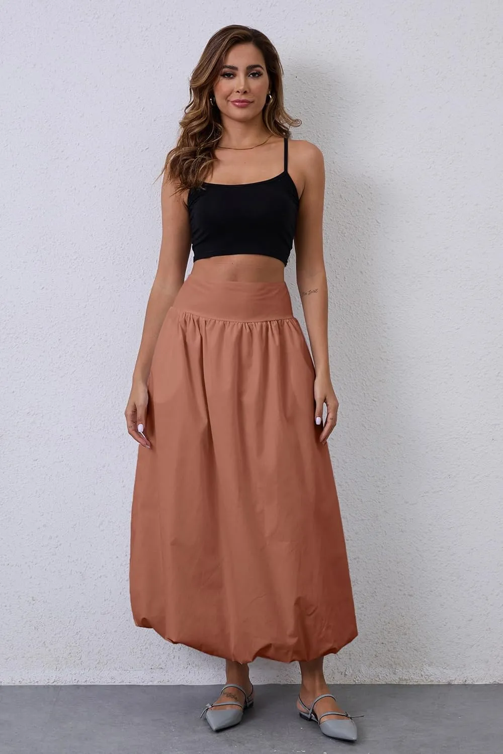 Y2K Bubble Maxi Skirts for Women A Line Long Pleated Casual Summer Skirts 2024 Elastic Waist Balloon Midi Skirt