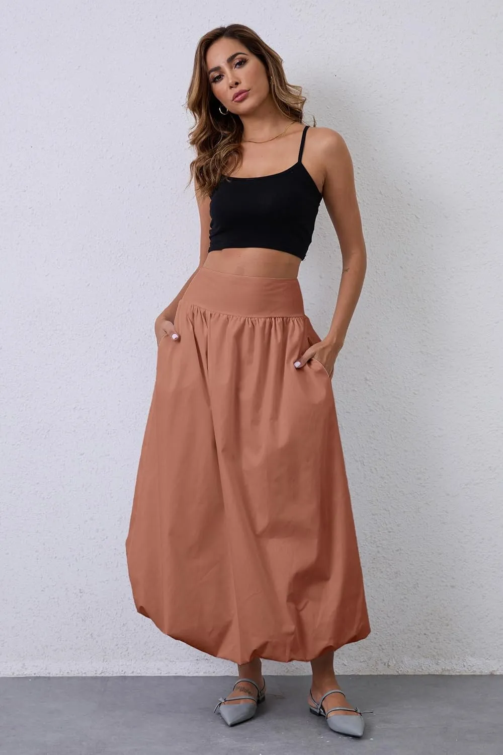 Y2K Bubble Maxi Skirts for Women A Line Long Pleated Casual Summer Skirts 2024 Elastic Waist Balloon Midi Skirt