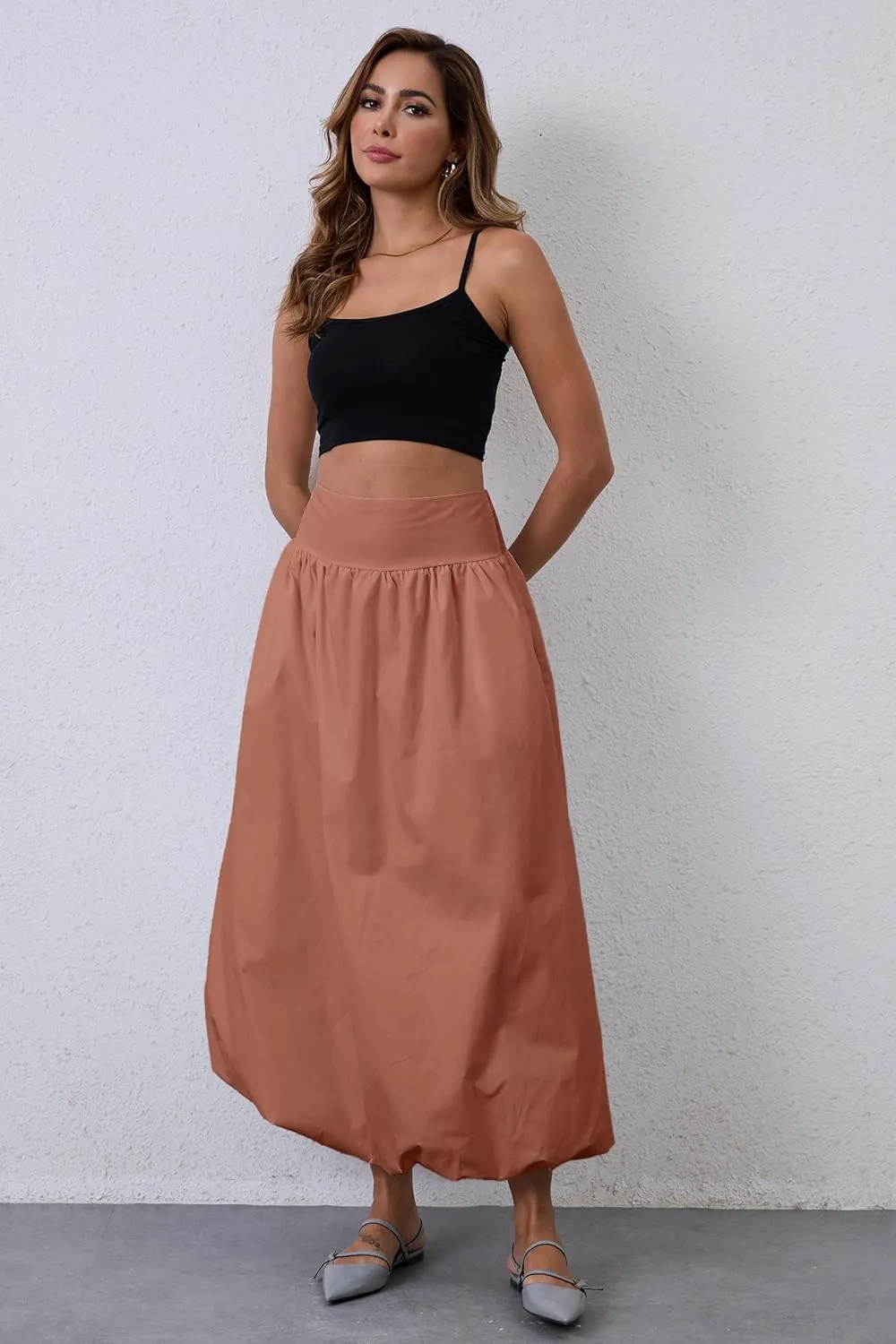 Y2K Bubble Maxi Skirts for Women A Line Long Pleated Casual Summer Skirts 2024 Elastic Waist Balloon Midi Skirt
