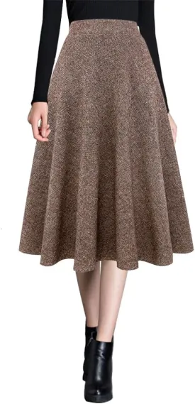 Ylingjun Womens Warm Wool Midi Skirts Winter Fall High Elastic Waist A line Flared Woolen Skirts