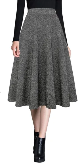 Ylingjun Womens Warm Wool Midi Skirts Winter Fall High Elastic Waist A line Flared Woolen Skirts